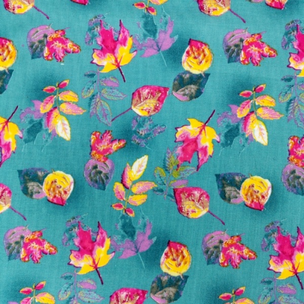 Printed Egyptian Cotton - Cerise and Yellow Autumn Leaves on Teal